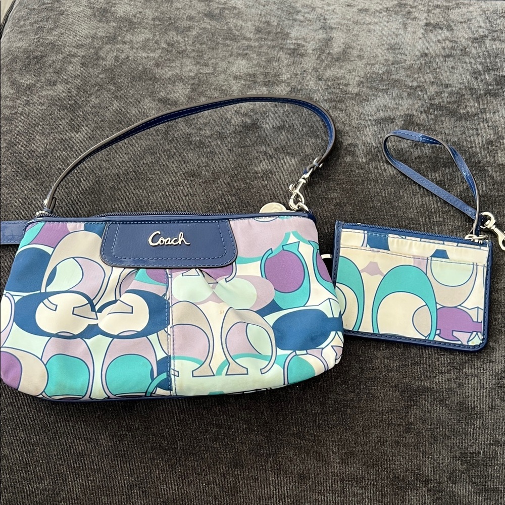 Coach Blue and Cream Patterned Wristlet and Card Holder